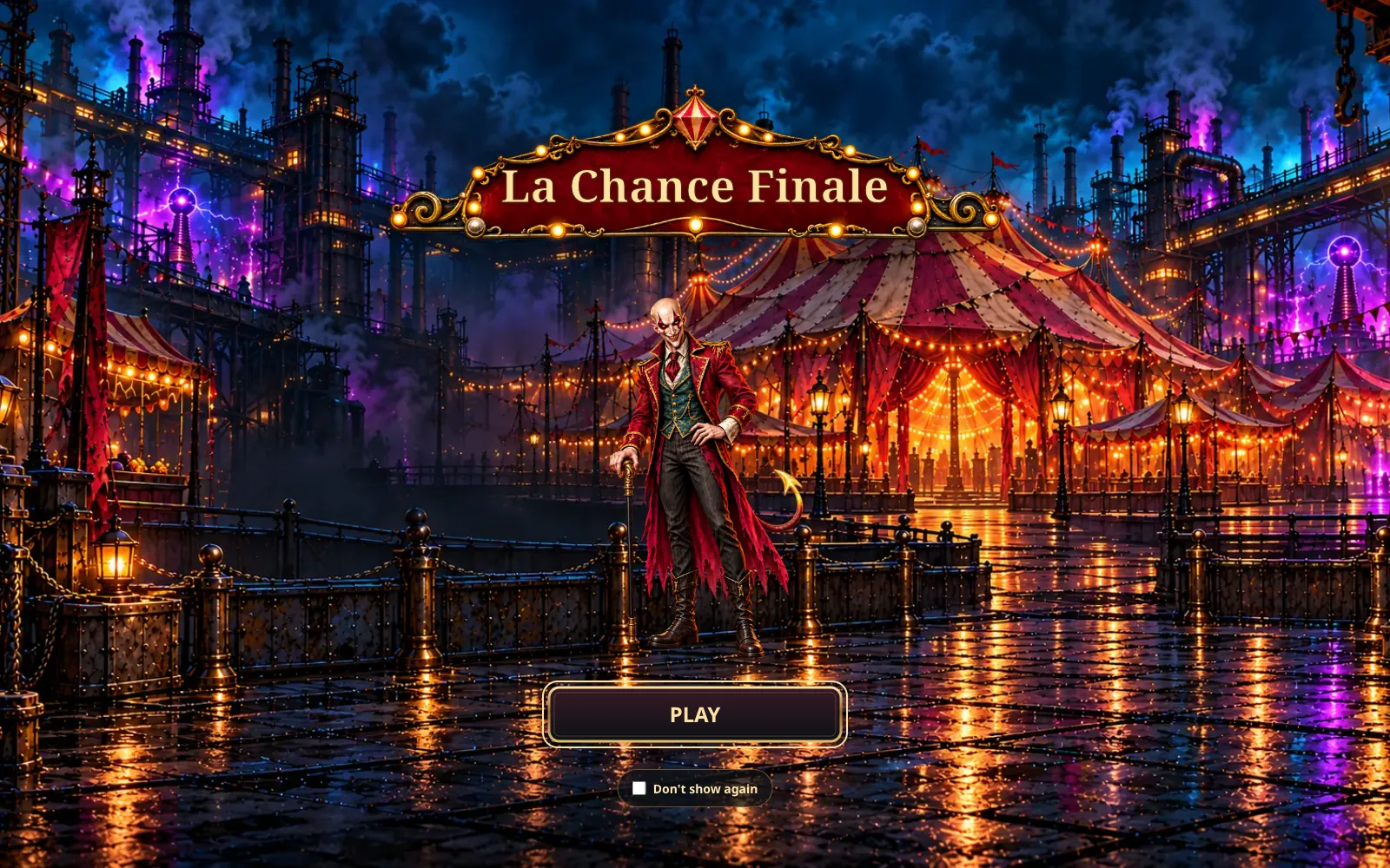 Стартовый экран La Chance Finale: шпрехшталмейстер на фоне цирковых шатров.